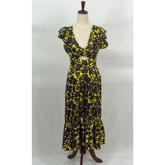 A.L.C Sz 2 Valencia Purple Yellow Floral Silk Cutout Ruffle Midi Dress - Picture 2 of 13